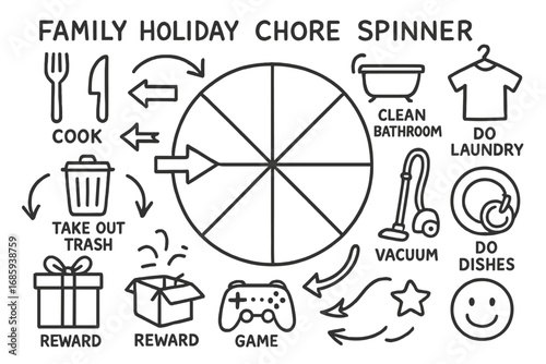 Holiday Chore Spinner Doodle. Family holiday chore spinner doodle set: hand drawn icons for task slices, arrows, icons, and reward