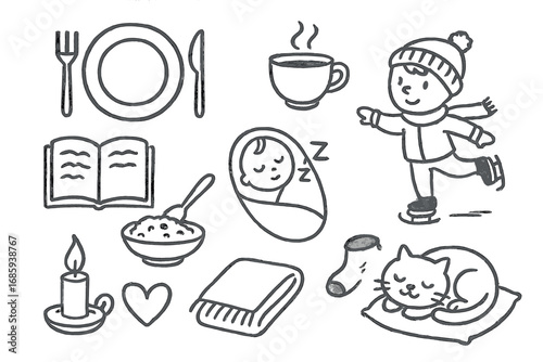 Winter Doodle Icons. Winter rhythm schedule doodle set: hand drawn icons for meals, activities, naps, and cozy moments, isolated