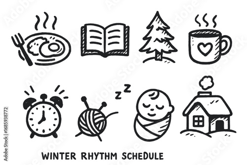 Winter Doodle Icons. Winter rhythm schedule doodle set: hand drawn icons for meals, activities, naps, and cozy moments, isolated