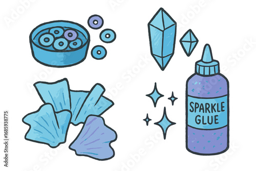 Frozen Craft Icons. Frozen-themed craft bin doodle set: hand drawn icons for sequins, crystal shapes, tulle pieces, and sparkle