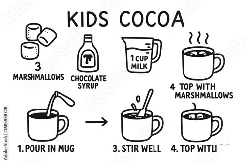 Kids Cocoa Recipe Doodles. Kids cocoa recipe card doodle set: hand drawn icons for marshmallow measurements, syrup icons, and step
