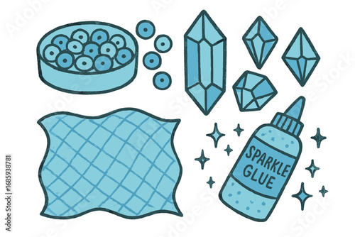 Frozen Craft Icons. Frozen-themed craft bin doodle set: hand drawn icons for sequins, crystal shapes, tulle pieces, and sparkle
