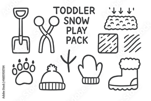 Toddler Snow Play Doodles. Toddler snow play pack doodle set: hand drawn icons for scoop tools, texture mats, animal prints, and