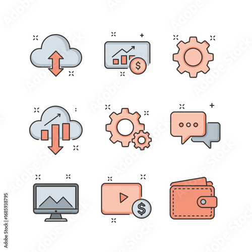 Essential Digital Business Vector Icons for Cloud, Data & Workflow Management