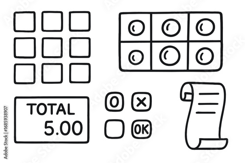 Kids Cocoa Stand Doodle. Kids cocoa stand pretend cash register doodle set: hand drawn icons for buttons, coin trays, total