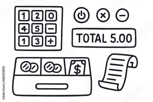 Kids Cocoa Stand Doodle. Kids cocoa stand pretend cash register doodle set: hand drawn icons for buttons, coin trays, total