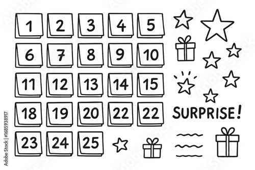 Holiday Countdown Doodle Set. Holiday countdown paper pocket calendar doodle set: hand drawn icons for flap numbers, star icons,