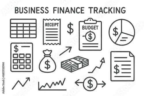Financial Doodle Icons. Business finance tracking doodle set: hand drawn icons for spreadsheets, receipts, budget pie charts, and
