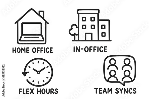 Hybrid Work Icons. Hybrid work schedule doodle set: hand drawn icons for home office icons, in-office days, flex hours, and team