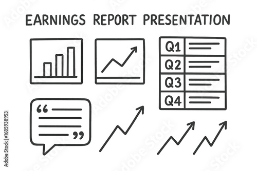 Earnings Report Doodles. Earnings report presentation doodle set: hand drawn icons for quarterly graphs, summary boxes, trend