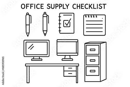 Office Supplies Doodles. Office supply checklist doodle set: hand drawn icons for pens, notepads, monitors, desks, and filing
