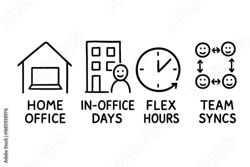 Hybrid Work Icons. Hybrid work schedule doodle set: hand drawn icons for home office icons, in-office days, flex hours, and team