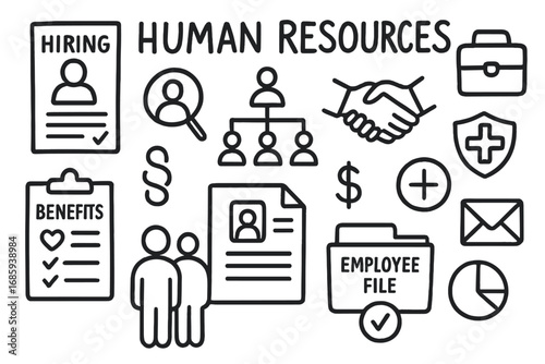 HR Doodle Collection. Human resources doodle set: hand drawn icons for hiring forms, team charts, employee files, and benefit