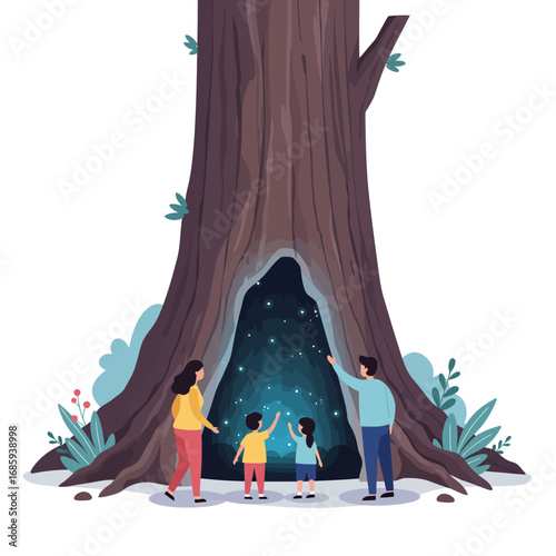 Family Discovering a Magical Portal in an Ancient Tree, Evoking Childhood Wonder - Vector Illustration