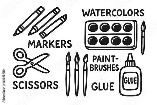Children's Art Doodle Set. Children’s art supplies doodle set: hand drawn icons for markers, watercolors, scissors, paintbrushes,