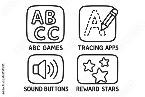Kids Learning Apps Doodles. Early learning apps for kids doodle set: hand drawn icons for ABC games, tracing apps, sound buttons,