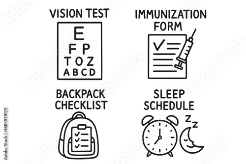 Back to School Essentials. Back to school readiness doodle set: hand drawn icons for vision test, immunization forms, backpack