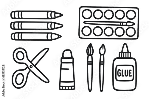 Children's Art Supplies. Children’s art supplies doodle set: hand drawn icons for markers, watercolors, scissors, paintbrushes,