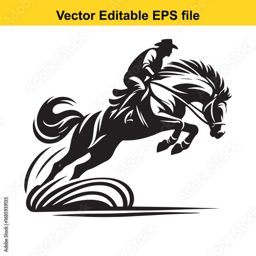 Silhouette of a cowboy riding a horse jumping, isolated on white background
