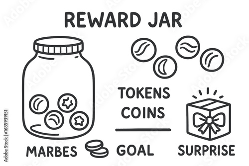 Reward Jar Doodles. Kids reward jar doodle set: hand drawn icons for marbles, tokens, coins, goal lines, and surprise box,