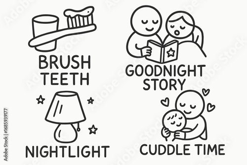 Bedtime Routine Doodles. Family bedtime routine doodle set: hand drawn icons for brushing teeth, goodnight story, nightlight, and