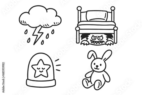 Childhood Comforts and Fears. Childhood fears and comforts doodle set: hand drawn icons for thunderstorm, monster under bed,