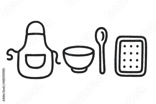 Preschool Cooking Doodle. Preschool cooking day doodle set: hand drawn icons for mini apron, mixing bowl, wooden spoon, and baking