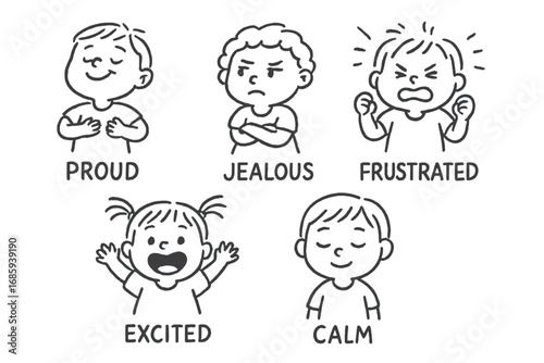 Toddler Emotions Doodle Set. Toddler emotions and feelings doodle set: hand drawn icons for proud, jealous, frustrated, excited,