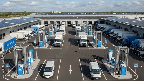 Electric Vehicle Charging Station: A modern and sustainable electric vehicle charging station, featuring a fleet of charging trucks and vans, represents the future of green transportation.