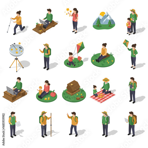 Versatile Isometric Vector Illustration Set for Modern Outdoor Lifestyles & Remote Work