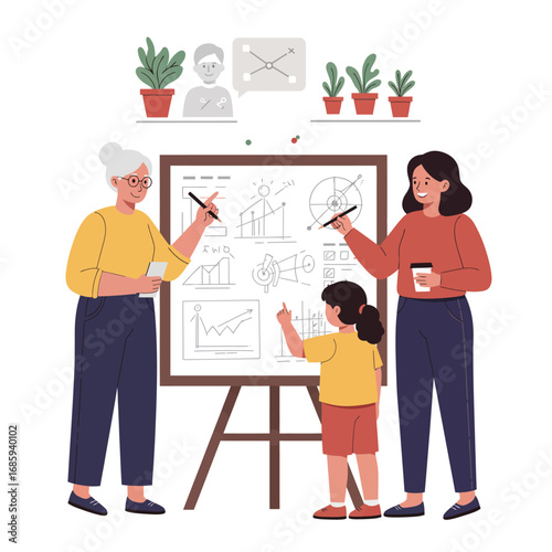Intergenerational Mentoring in Business Strategy and Data Analysis - Vector Illustration
