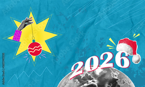 Modern halftone art collage. Female hand holding Christmas tree decoration. Santa Claus hat hanging on number 2026 against planet background. Christmas and New Year concept.
