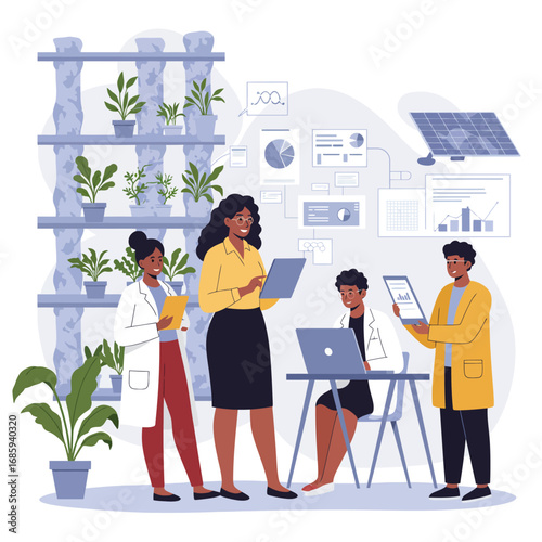 Future of Food: Diverse STEM Team Using Data and Green Tech for Sustainable Farming Solutions Vector Illustration