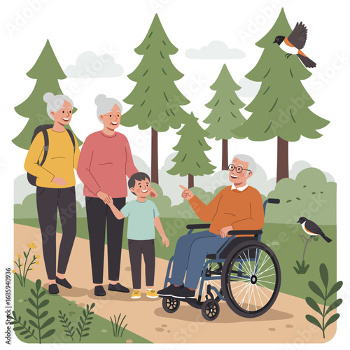 Connecting Generations: Happy Family and Senior in Wheelchair Enjoying Nature Walk Vector Illustration