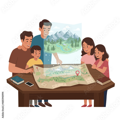 Happy Family Adventure Planning: Interactive Vector Map Illustration for Future Travel & Vacation Exploration