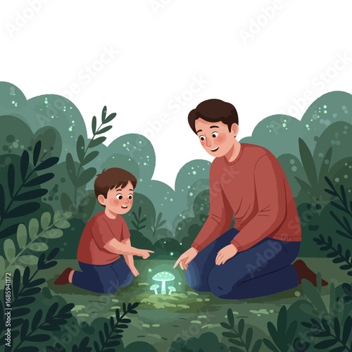 Nurturing Childhood Wonder: Father and Son Vector Illustration Discovering Nature's Enchantment
