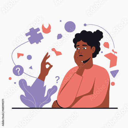 Navigating Complexity: Vector Illustration of Thoughtful Woman Finding a Strategic Solution