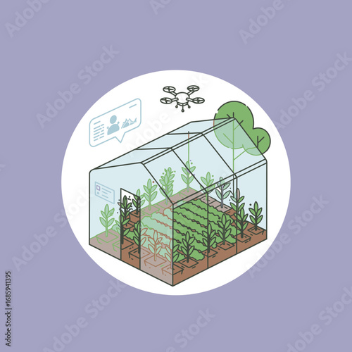 Smart Agriculture Vector Illustration: Drone Monitoring Sustainable Greenhouse Farming for Modern Food Production