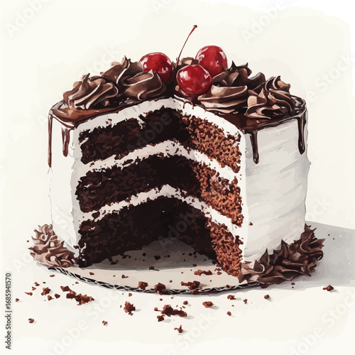 Black Forest Cake, watercolor illustration vector, isolated on a white background.