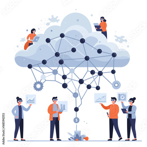 Driving Digital Transformation: Collaborative Cloud Data & AI Augmented Reality Vector Illustration
