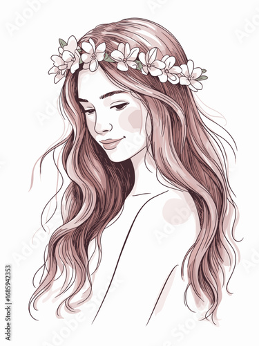 Hand-drawn illustration of a woman with long wavy hair and a floral headband, showcasing natural beauty