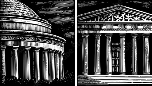 vintage engraved illustration set showcasing ancient Greek tholos and temple architecture, designed with detailed classical elements, ideal for historical artwork, cultural projects, educational mater