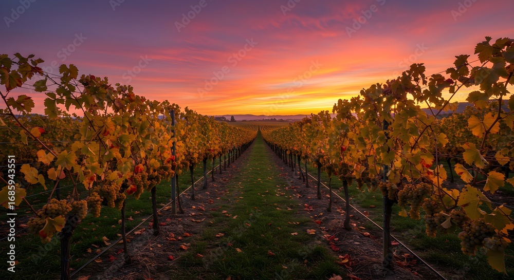 Naklejka premium Golden vineyard rows glow under dramatic sunset. Landscape photography for wine industry branding, travel posters.