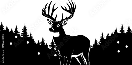 set of whitetail deer in the forest silhouette design vector art illustration
