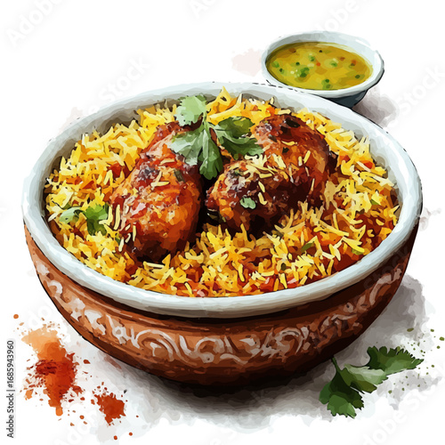 Biryani, watercolor drawing vector, isolated on a white background.