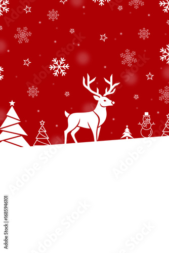 A festive Christmas background with a white reindeer, snowflakes, Christmas trees, and a snowman on a red backdrop. Ideal for holiday cards, invitations, and seasonal promotions.