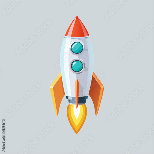 Retro-style cartoon rocket ship blasting off with fiery exhaust, symbolizing space exploration and future adventures