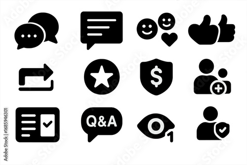 Stream Engagement Icons. Solid style icons of user engagement in streams: live chat bubbles, comment scroll, emoji reactions,