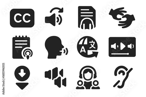 Podcast Accessibility Icons. Solid style icons of podcast accessibility: closed caption icon, slow playback icon, audio transcript