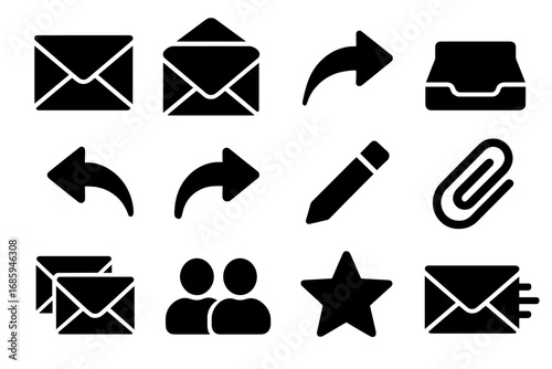 Email Communication Icons. Solid style icons of email communication: envelope icon, open mail icon, sent message arrow, inbox tray